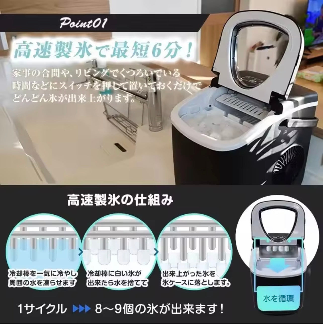 製氷機 コンパクト家庭用 最短6分 高速製氷機